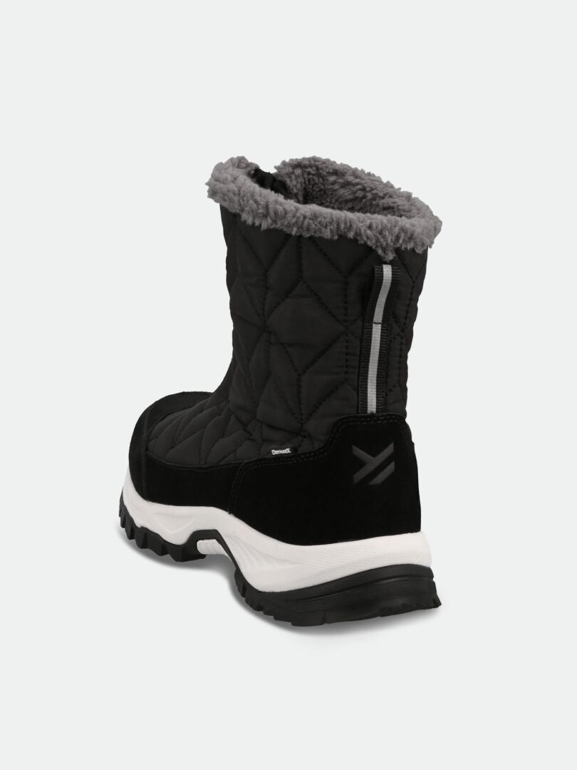 Halti Sletta Zip DX Winterstiefel Damen in schwarz mit grauem Fellfutter, gesteppten Nähten und einer zweifarbigen Sohle, Rückansicht.