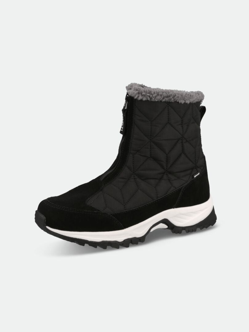 Halti Sletta Zip DX Winterstiefel Damen: dicke weiße Sohle, gesteppter Schaft, Frontreißverschluss, grauer Kunstfellbesatz.