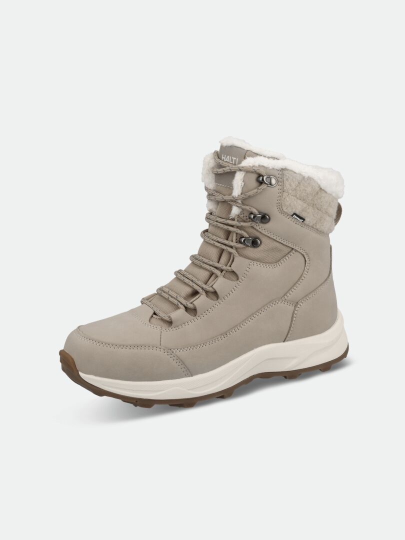 Halti Duffus DX Spike Schuhe Damen: beige Winterboot, weiße Fellfütterung, Schnürung, GripmaxX Spike-Gummisohle.