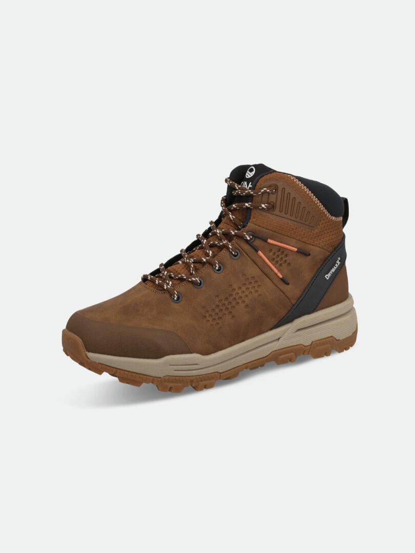 Der Halti Hakon Mid 2 DX Outdoor-Schuh Herren ist ein brauner Mid-Top mit schwarz-orangen Akzenten und einer robusten Sohle.