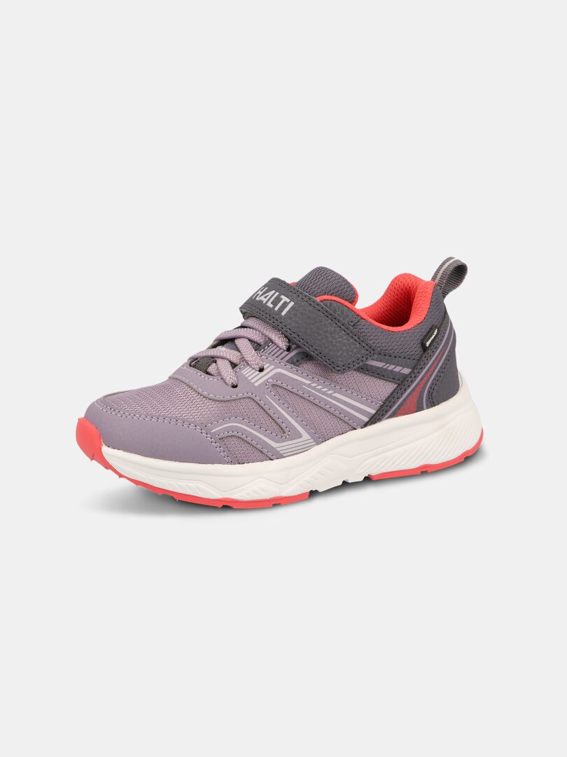 Der Halti Zuma 2 DX Sneaker Kinder ist lila/grau, wasserdicht, mit Klettverschluss, pinkfarbenem Profil und einer Phylon-Zwischensohle.