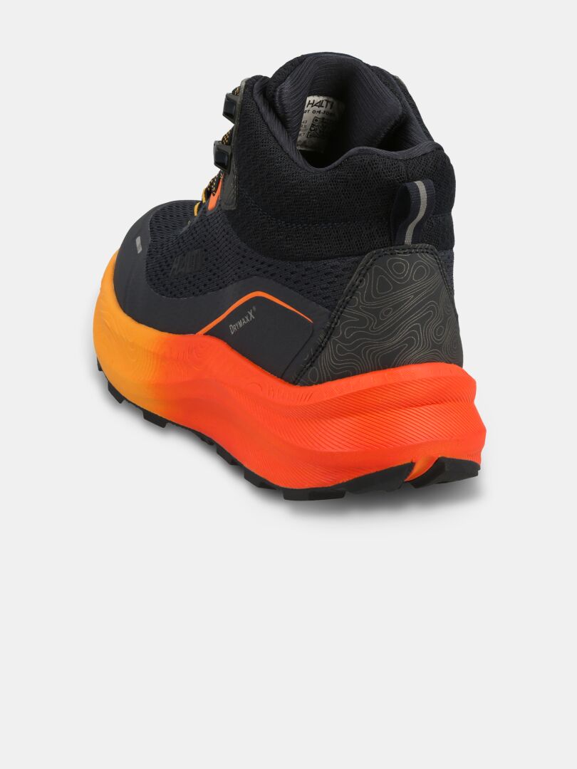 Halti Rapid DX Mid Outdoor-Schuhe für Herren in Schwarz mit orangeroter Sohle, Rückansicht auf weißem Hintergrund.