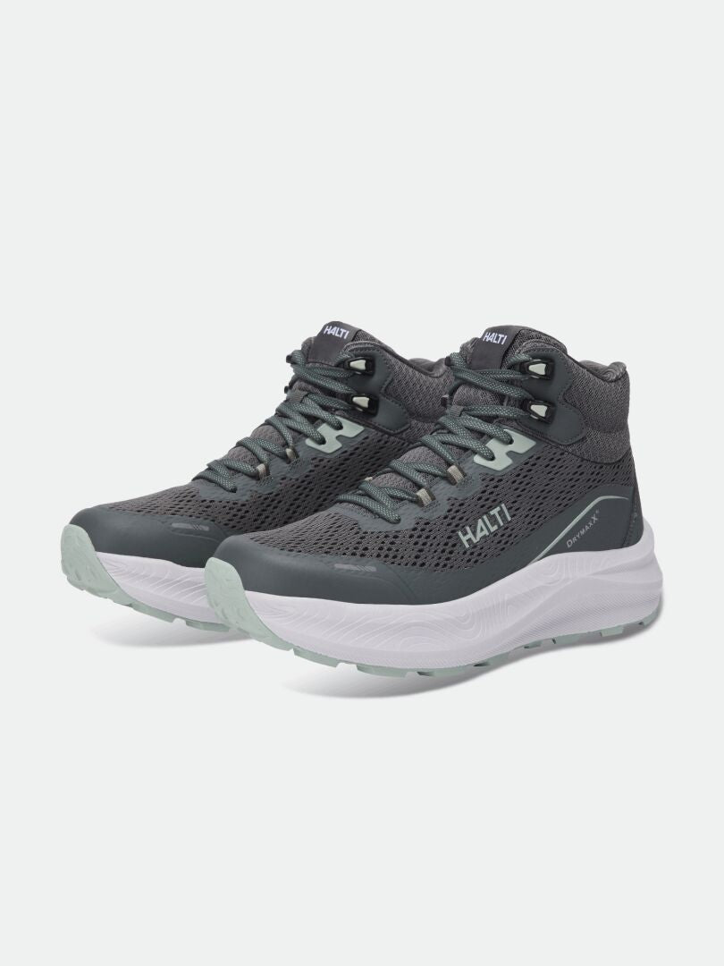 Halti Rapid DX Mid Outdoor-Schuhe für Herren in Grau/Mint mit Mesh-Details und weißen Sohlen auf einfarbigem Hintergrund.