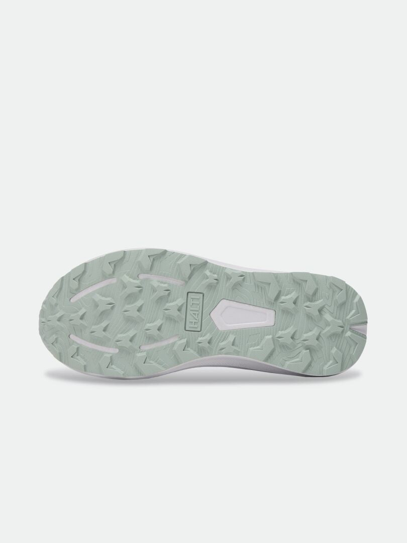 Ansicht von unten der Halti Rapid DX Mid Outdoor-Schuhe für Herren mit hellgrüner, robuster Sohle und multidirektionalem Profil.