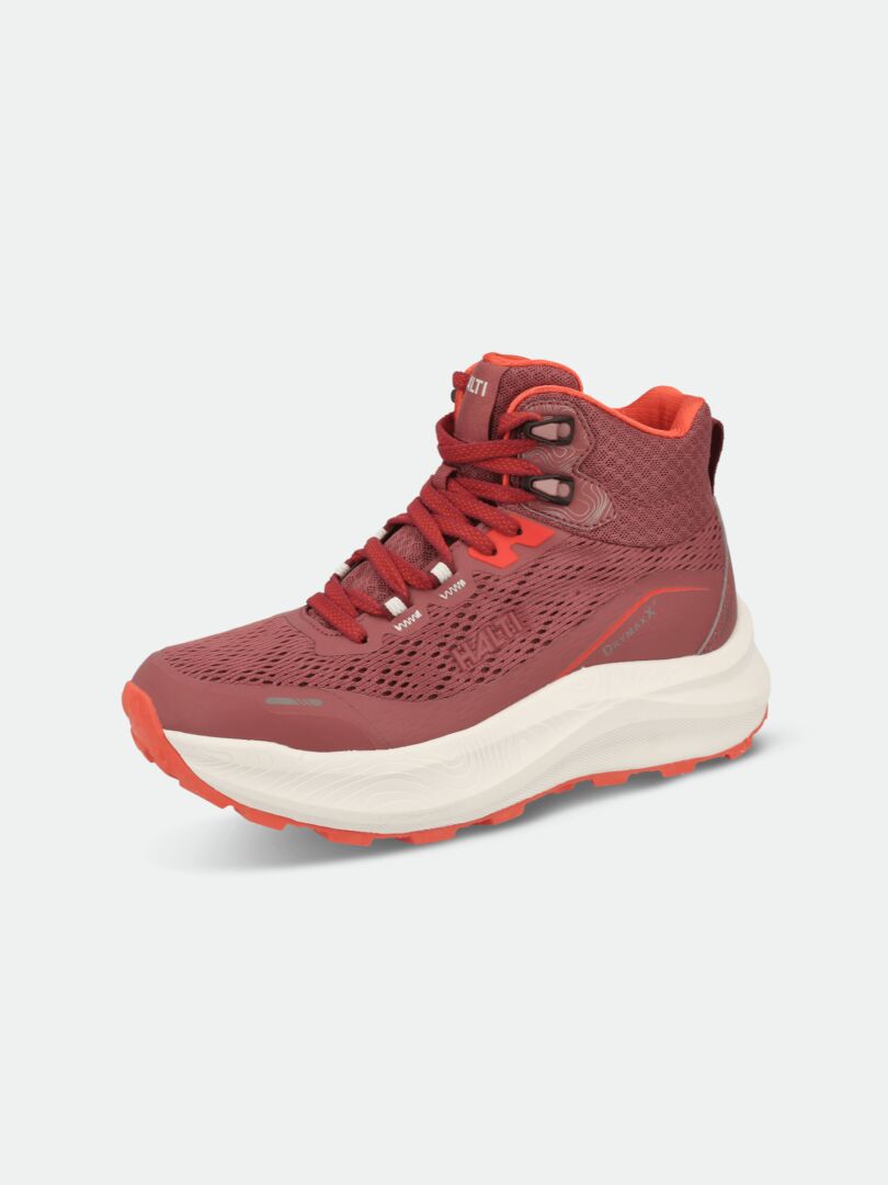 Halti Rapid DX Mid Outdoor Schuhe Damen in rot-orange mit Jacquard-Mesh und weißer Zwischensohle, Dreiviertelansicht.
