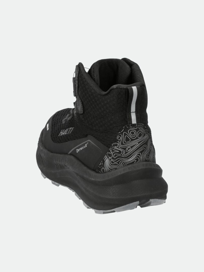 Die Halti Rapid Mid Freelock DX Schuhe Unisex in schwarz, von hinten mit gemusterter Ferse und reflektierendem Schaft.
