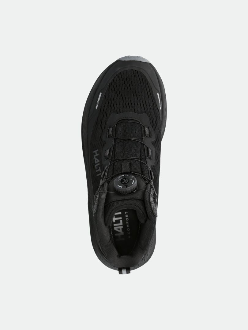 Draufsicht auf den Halti Rapid Mid Freelock DX Schuhe Unisex in schwarz, mit Mesh-Obermaterial und Freelock-Drehknopf.