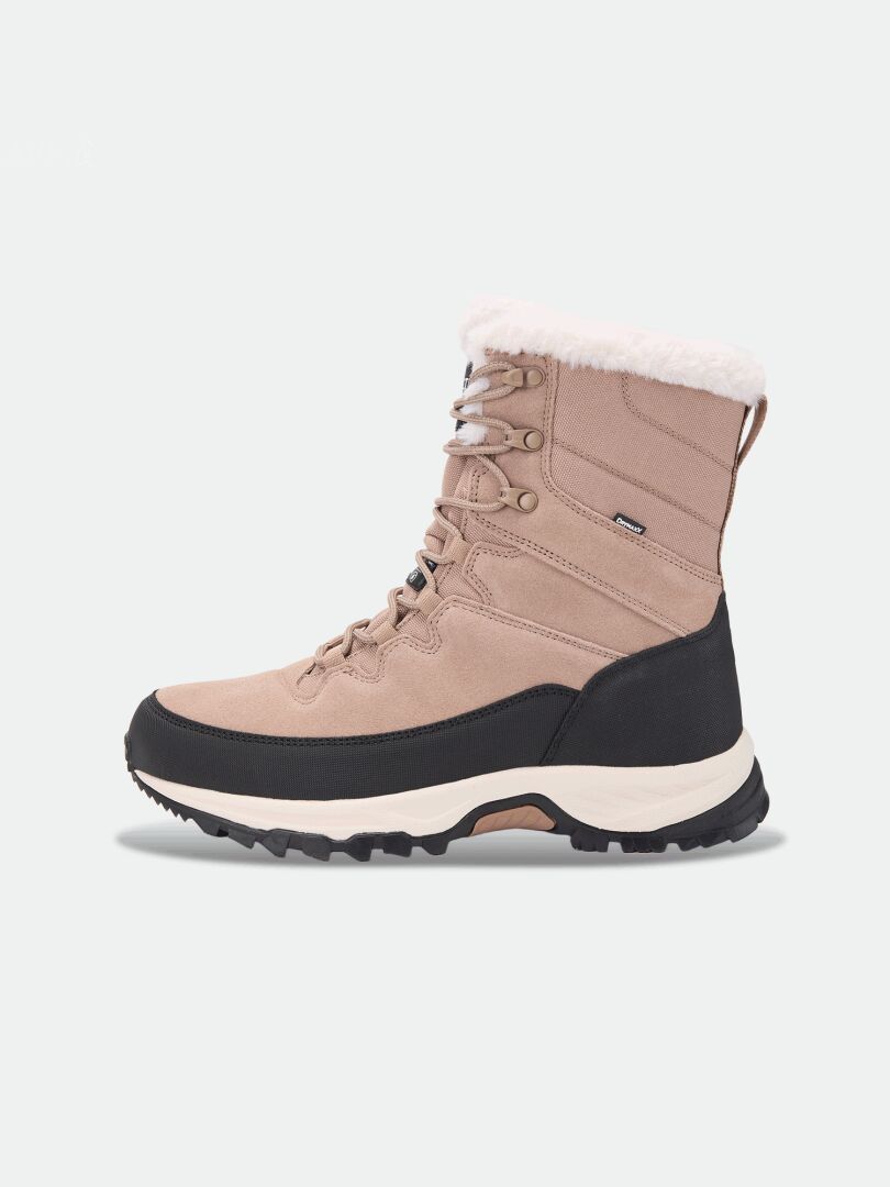 Halti Tornio 2 DX Winterstiefel: beige, wadenhoch, mit Kunstfellkragen, schwarzem Schmutzschutz, Profilsohle und Thinsulate-Isolierung.