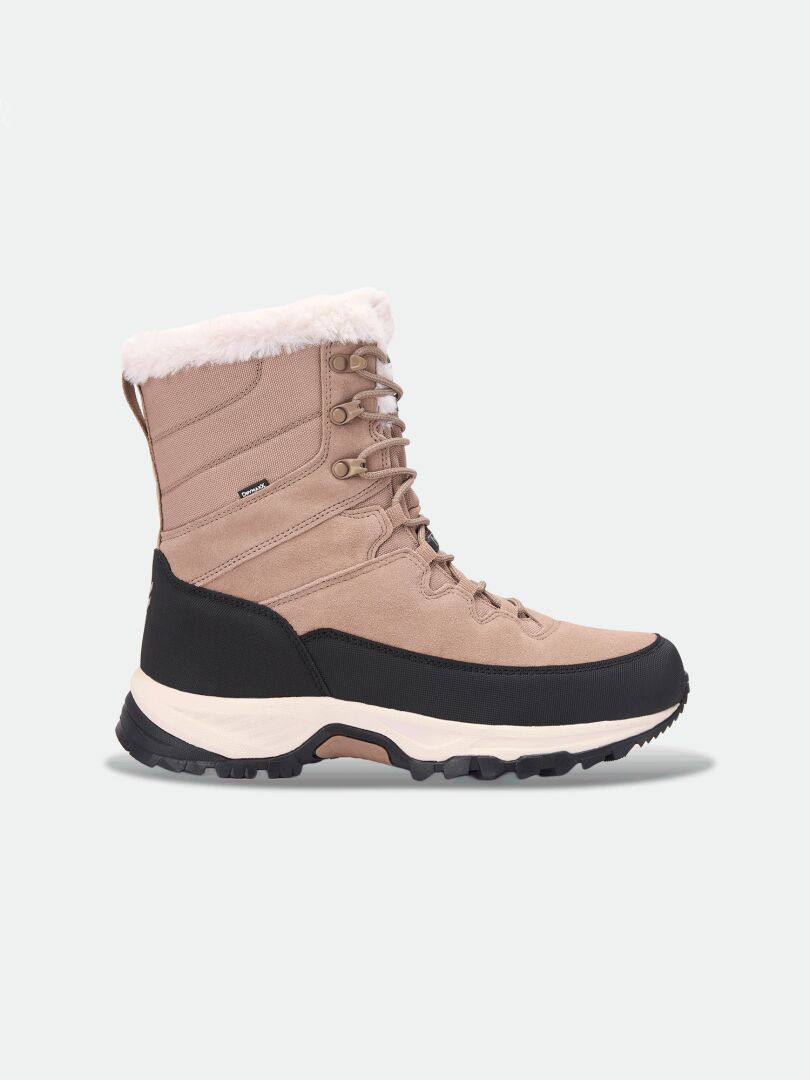 Halti Tornio 2 DX Winterstiefel in Hellbraun mit schwarzem Schmutzschutz, weißem Kunstfellkragen, Thinsulate-Isolierung und DrymaxX-Membran.