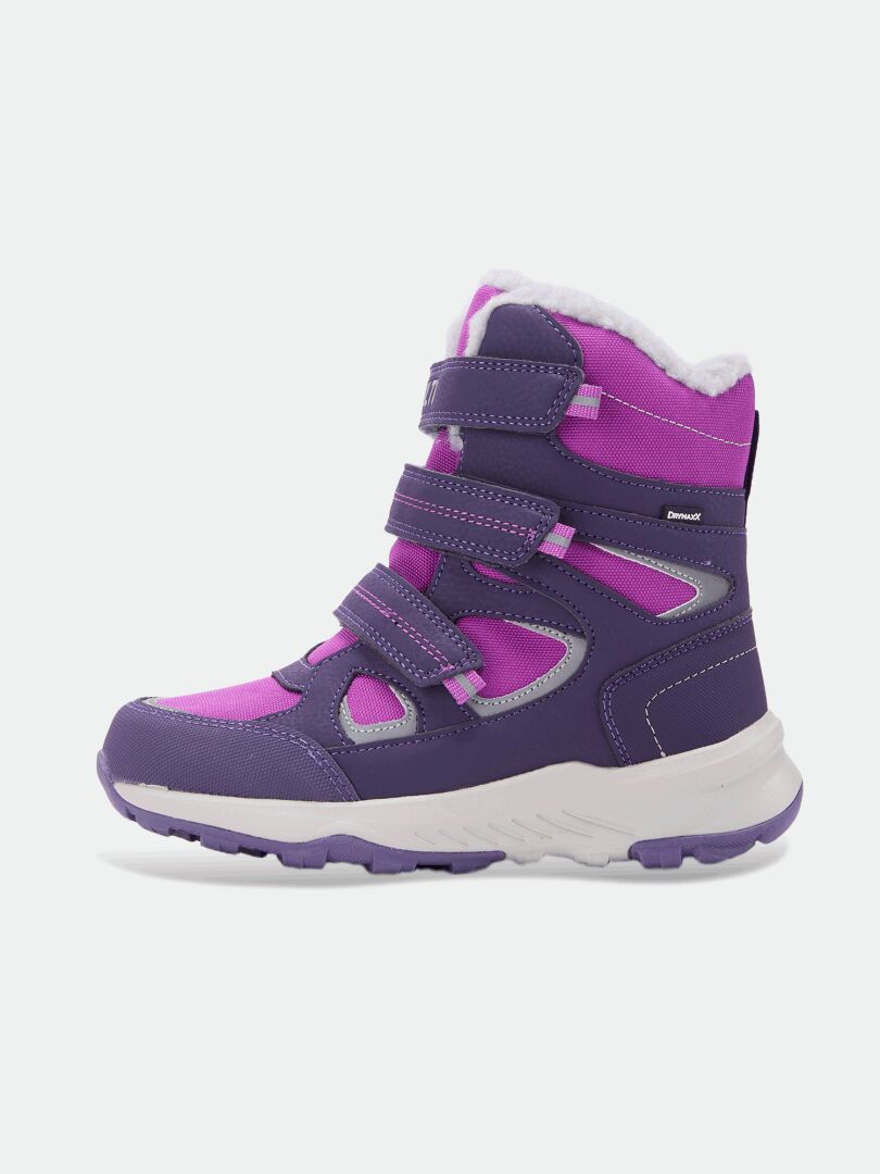 Halti Reiss 3 DX Kinderschuhe in Lila und Rosa, mit 3 Klettverschlüssen, Kunstfellfutter und reflektierenden Akzenten.