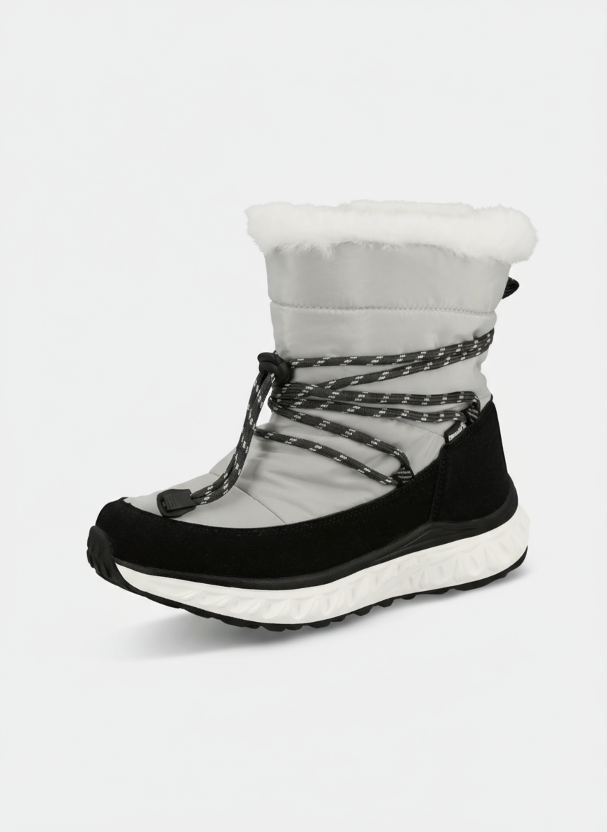 Halti Skene DX Winterschuhe Damen in grau/schwarz mit DrymaxX Membran, Fellfutter und weißer Sohle auf weißem Grund.