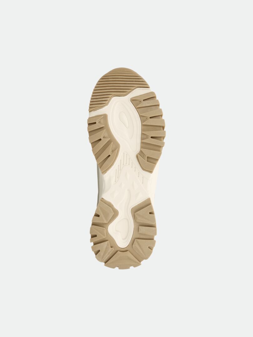 Die Halti Penger DX Mid Outdoor Schuhe Damen Sohle in beige und weiß, von unten auf einem unifarbenen Hintergrund dargestellt.