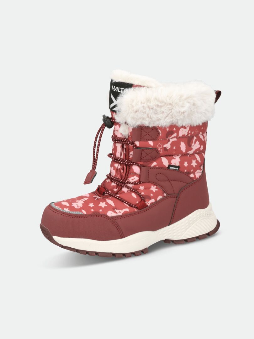 Ein roter Halti Kodiak DX Winterschuh Kinder mit weißem Tiermuster, Kunstfellfutter, dicker Sohle und Thinsulate.