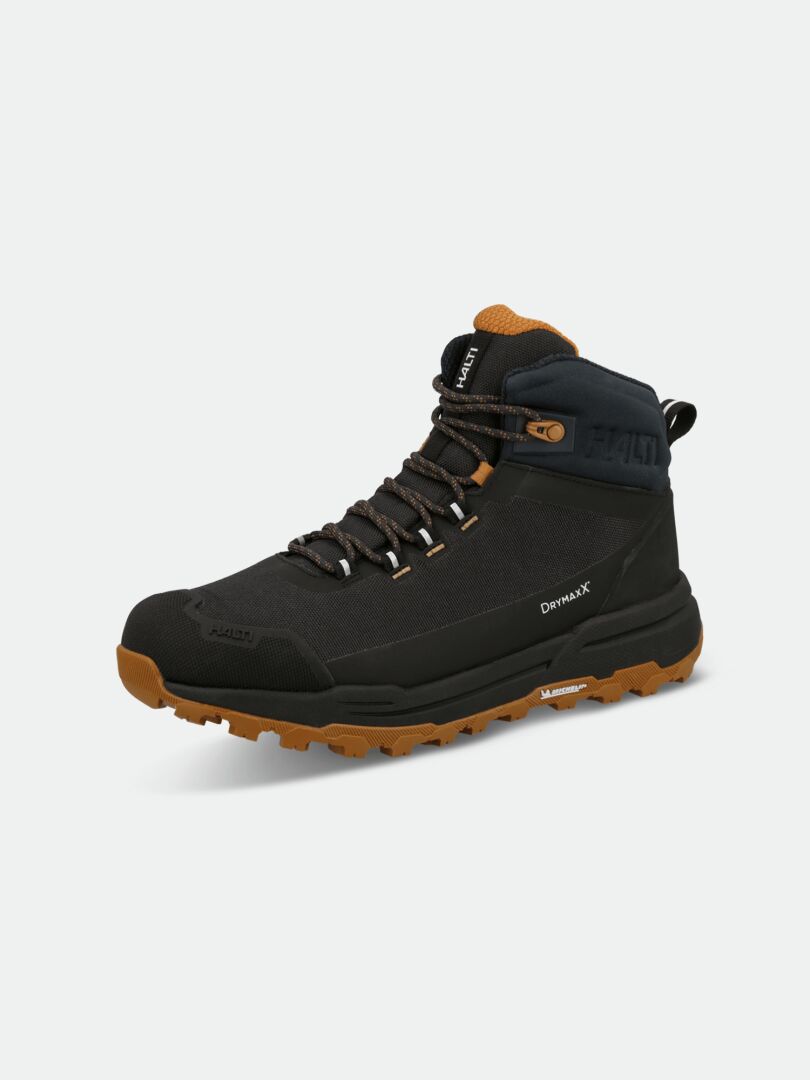 Ein einzelner schwarzer und brauner Halti Hiker Kuru 2 DX Damen Outdoor-Schuh mit orangefarbener Michelin-Sohle und DRYMAXX an der Seite.