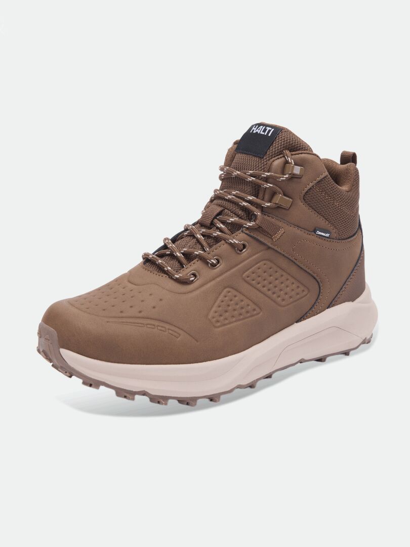 Halti Morgam Mid DX Herren-Walkingschuh mit Mesh, strukturierter Sohle und Schnürung auf weißem Hintergrund.