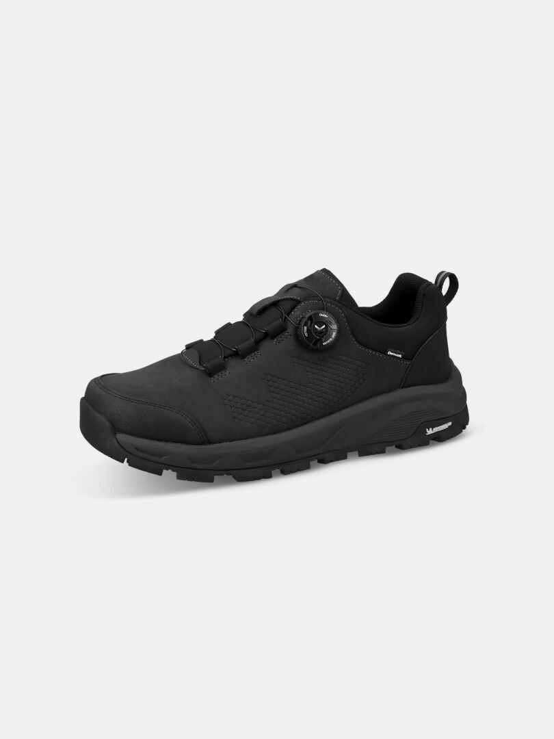 Die Halti Buli Low 2 DX Freelock Schuhe in schwarz mit Michelin-Grip Sohle und Mesh-Einsätzen auf einem schlichten hellen Untergrund.