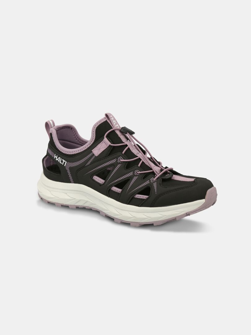 Die Halti Seili Hybrid Sandale Damen in schwarz und lavendel mit Mesh-Einsätzen ist ideal für Outdoor-Aktivitäten.