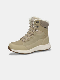 Halti Dundee 2 DX Damen Winterstiefel in Tan mit weißer Sohle, Schnürung und Kunstfellfutter am Knöchel.