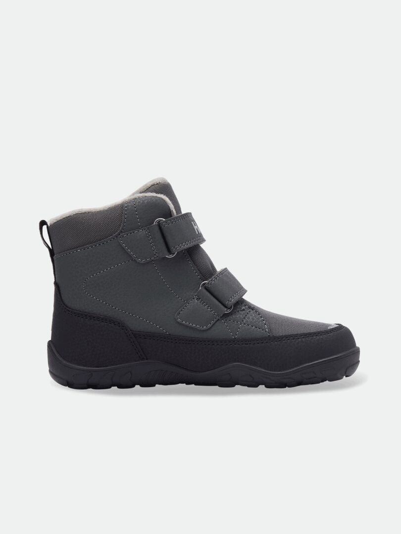 Halti Jalava DX Barfußstiefel für Kinder: dunkelgrau, zwei Klettverschlüsse, schwarze Sohle, knöchelhohe Zero-Drop-Leisten.