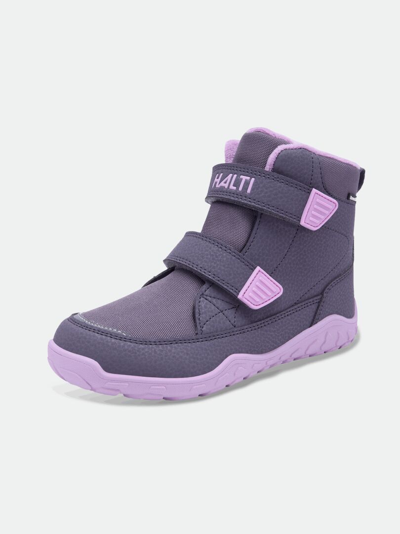 Halti Jalava DX Barfußstiefel für Kinder: lila/lavendelfarben, hochgeschlossen, 2 Klettverschlüsse, Halti-Logo am Knöchel.