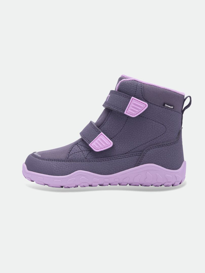 Halti Jalava DX Barfußstiefel für Kinder: lila, Klettverschluss, Zero-Drop, profilierte Sohle, knöchelhoher Stiefel.