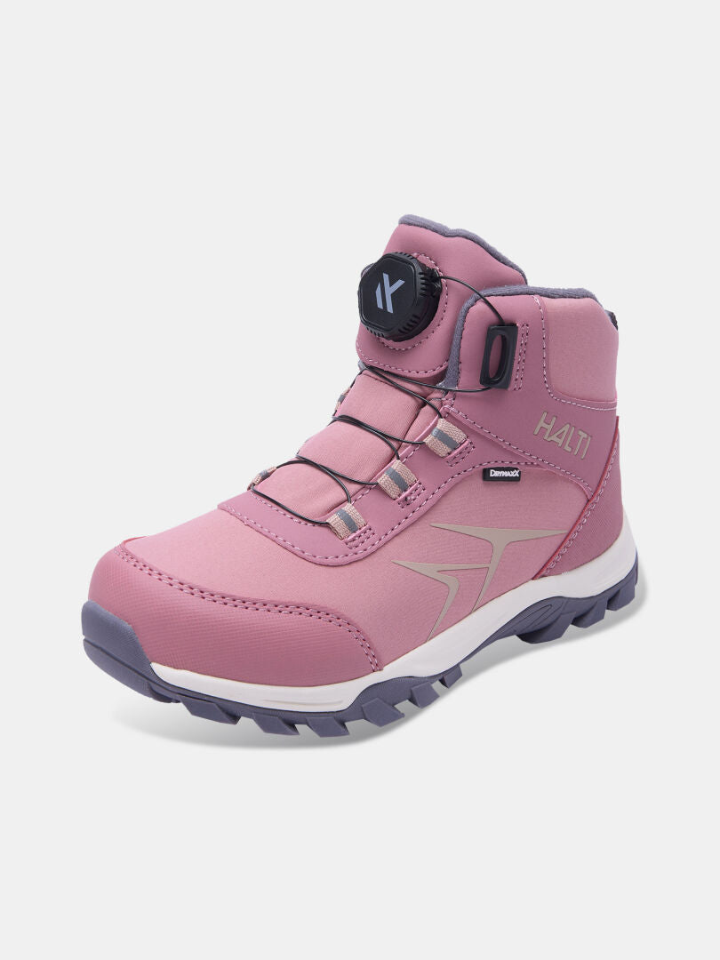 Altrosa Halti Tribe Dada DX Outdoor-Schuhe für Kinder, High-Top-Modell mit Drehverschluss-Schnürsystem, wasserdichter Membran und grauer Sohle.