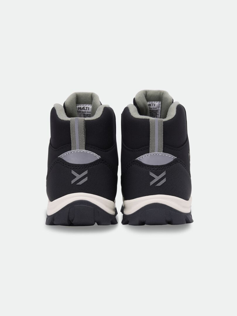 Rückansicht der schwarzen und grauen Halti Tribe Dada DX Outdoor-Schuhe für Kinder mit Profilsohlen.