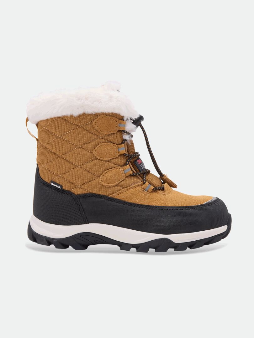 Halti Tornio DX Winterschuhe für Kinder, braun/schwarz, gesteppte Seiten, Pelzbesatz, Thinsulate, robuste Sohle, Seitenansicht.