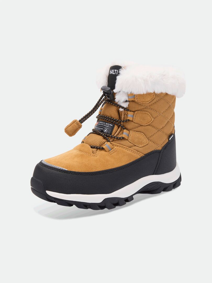 Halti Tornio DX Winterschuhe für Kinder: hellbraun und schwarz, gestepptes Obermaterial, Fellfutter, wasserdichte Sohle, Schnürung mit Knebelverschluss.