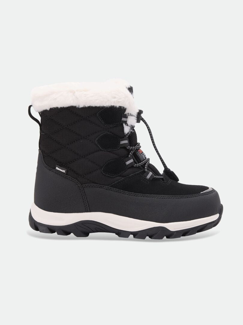 Ein schwarzer Halti Tornio DX Winterschuh für Kinder mit weißer Sohle, Kunstfellfutter und Thinsulate, Seitenansicht.