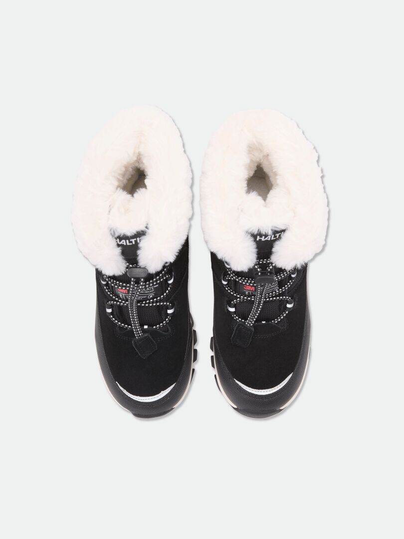 Halti Tornio DX Winterschuhe für Kinder in Schwarz mit weißem Kunstfellfutter, Ansicht von oben, vor einem einfarbigen hellen Hintergrund.