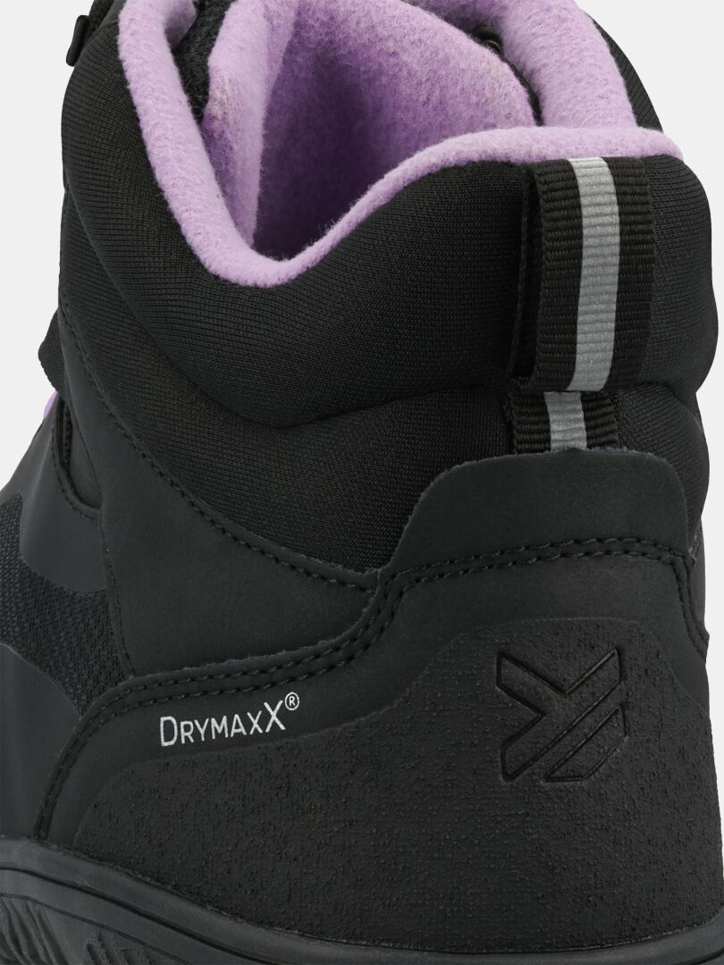 Halti Tuntuma Mid DX Barfußschuh für Damen: schwarz, violettes Futter, grau gestreifte Zuglasche, DRYMAXX für Spaß im Freien.