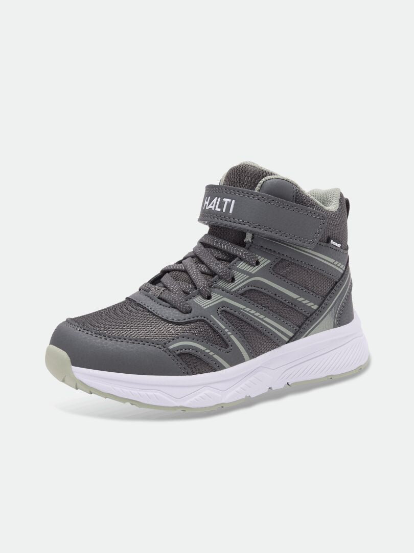Halti Zuma Mid DX Sneaker Kinder: grauer High-Top-Sneaker mit Mesh-Einsatz, Obermaterial aus Synthetik, weißer Sohle und Klettverschluss.