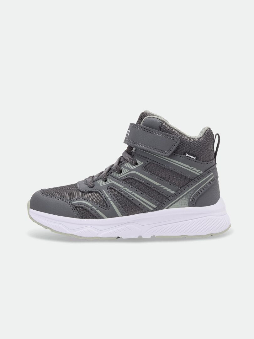 Halti Zuma Mid DX Sneaker Kinder in Grau mit Klettverschluss, weiße Sohle, Ansicht von der Seite.