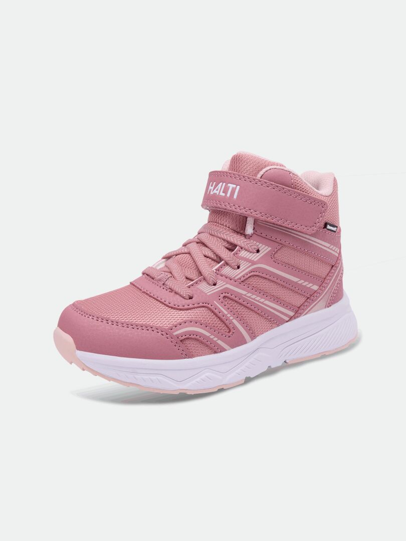 Der „Zuma Mid DX Sneaker Kinder“ von Halti ist ein rosa High-Top-Sneaker mit weißer Sohle, Klettverschluss und Schnürsenkeln – ideal für Spaß im Freien!.