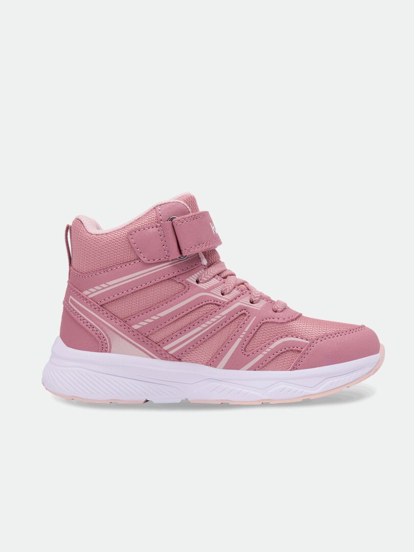 Halti Zuma Mid DX Sneaker Kinder: rosa High-Top-Sneaker mit weißer Sohle, rosa Schnürsenkeln und Klettverschluss, Seitenansicht.