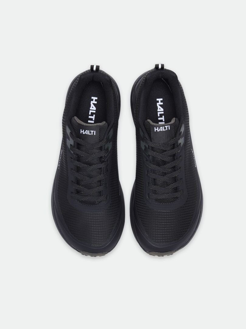 Draufsicht auf schwarze Halti Asento DX Outdoor-Schuhe für Herren mit Zero-Drop, abgebildet auf weißem Hintergrund.
