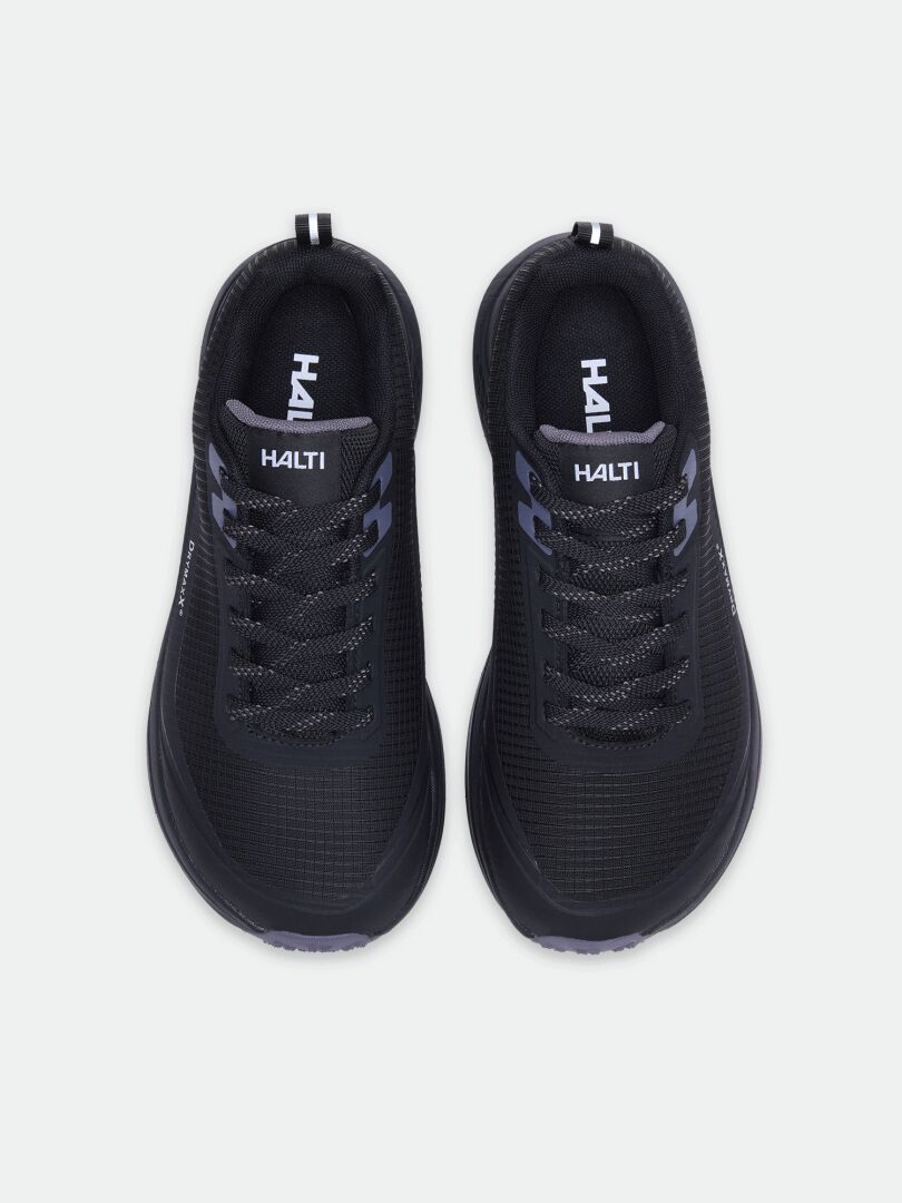 Schwarze Halti Asento DX Outdoor-Schuhe für Damen, von oben gesehen, mit sichtbaren Schnürsenkeln und Logo auf jeder Zunge.