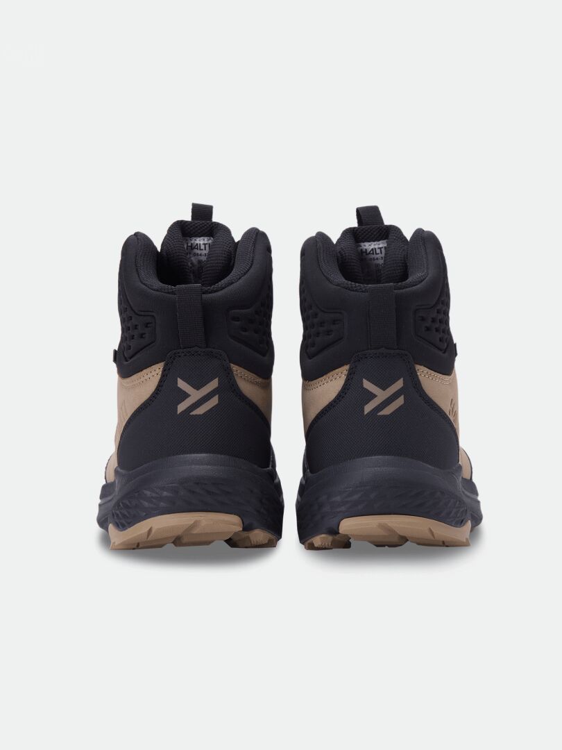 Beige-schwarze Halti Asento Mid DX Outdoor-Schuhe für Herren, von hinten vor einem einfarbigen weißen Hintergrund abgebildet.