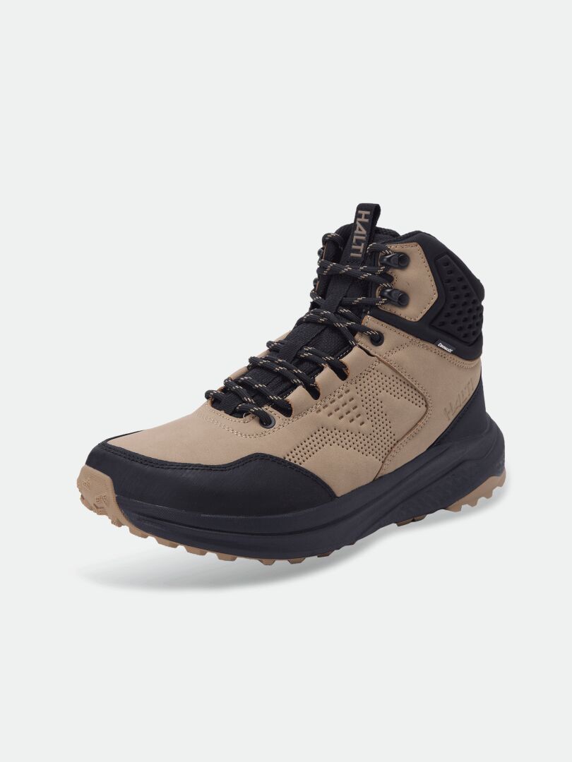 Halti Asento Mid DX Herren-Wanderstiefel in den Farben Hellbraun/Schwarz mit robuster Sohle, Knöchelstütze aus Mesh und schwarzen Schnürsenkeln.