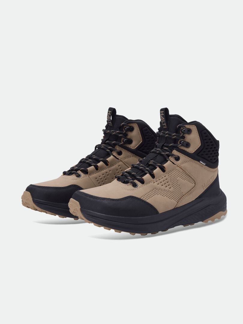 Halti Asento Mid DX Herrenstiefel: hellbraun/schwarz, Zero-Drop, robuste Sohle, schwarze Schnürsenkel, verstärkte Zehenkappe.