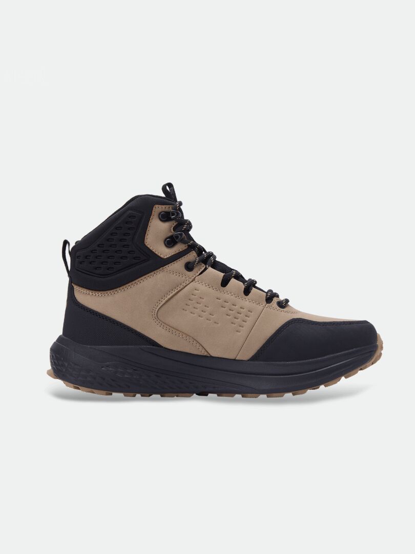Halti Asento Mid DX Herren-Wanderstiefel in Hellbraun/Schwarz mit Zero-Drop-Sohle, schwarzen Schnürsenkeln und hohem Schaft, Seitenansicht.