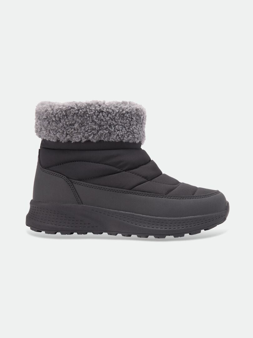 Halti Rest Winterschuhe für Damen: schwarzer, gesteppter Stiefeletten mit grauem Kunstfellkragen und dicker Profilsohle.
