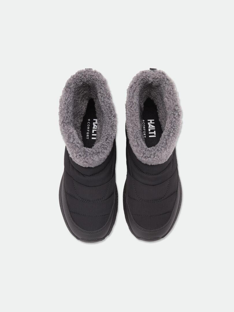 Draufsicht auf schwarze, gesteppte Halti Rest Winterschuhe Damen-Stiefeletten mit grauem Kunstfellfutter.
