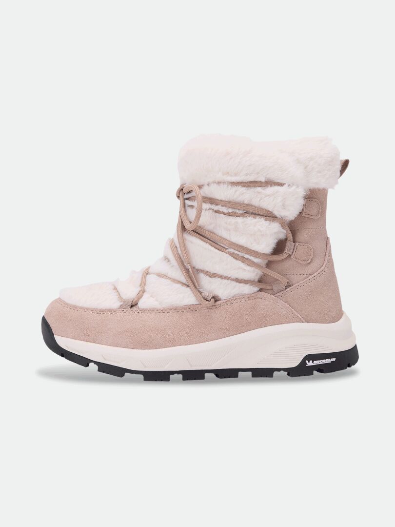 Halti Mukluk DX IC Winterstiefel für Damen: beiger Winterstiefel mit weißem Kunstfellfutter, Schnürung vorne und Michelin-Sohle.