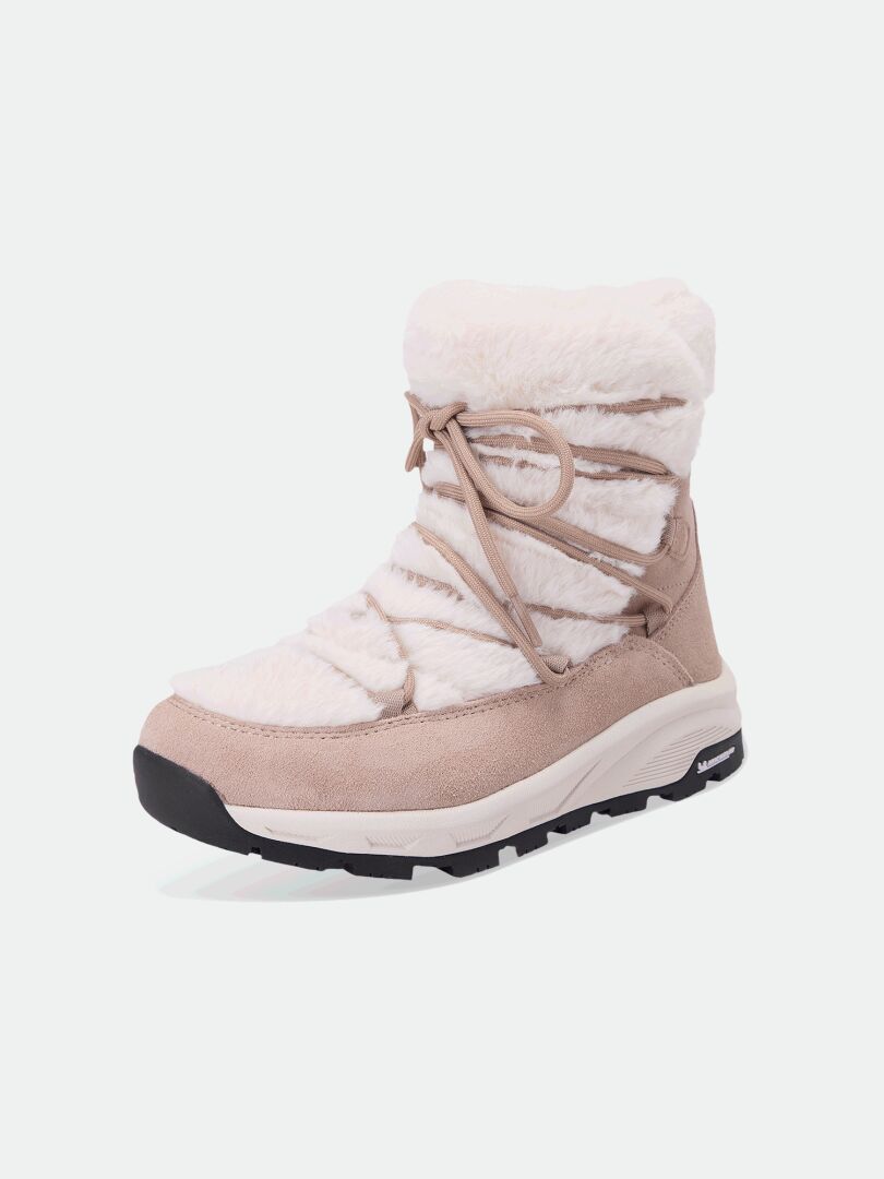 Beigefarbener Mukluk DX IC Winterstiefel für Damen – wasserdichter Stiefel mit Kunstfellbesatz, Kreuzschnürung und dicker Gummisohle.