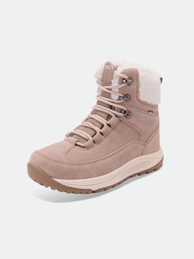 Halti Doris DX Winterstiefel für Damen in Hellbraun mit weißen Schnürsenkeln, Kunstfellfutter und dicker Gummisohle.