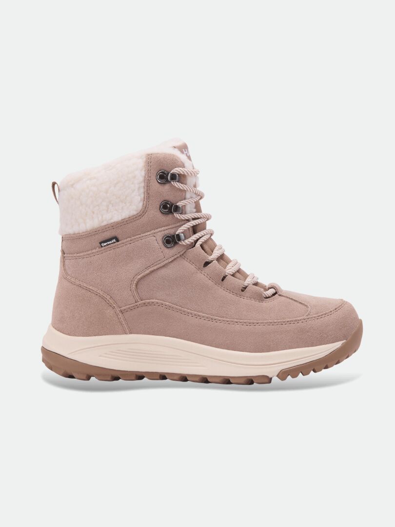 Halti Doris DX Damen-Winterstiefel in Beige, aus Veloursleder, mit Kunstfellkragen und Gummisohle im Seitenprofil.