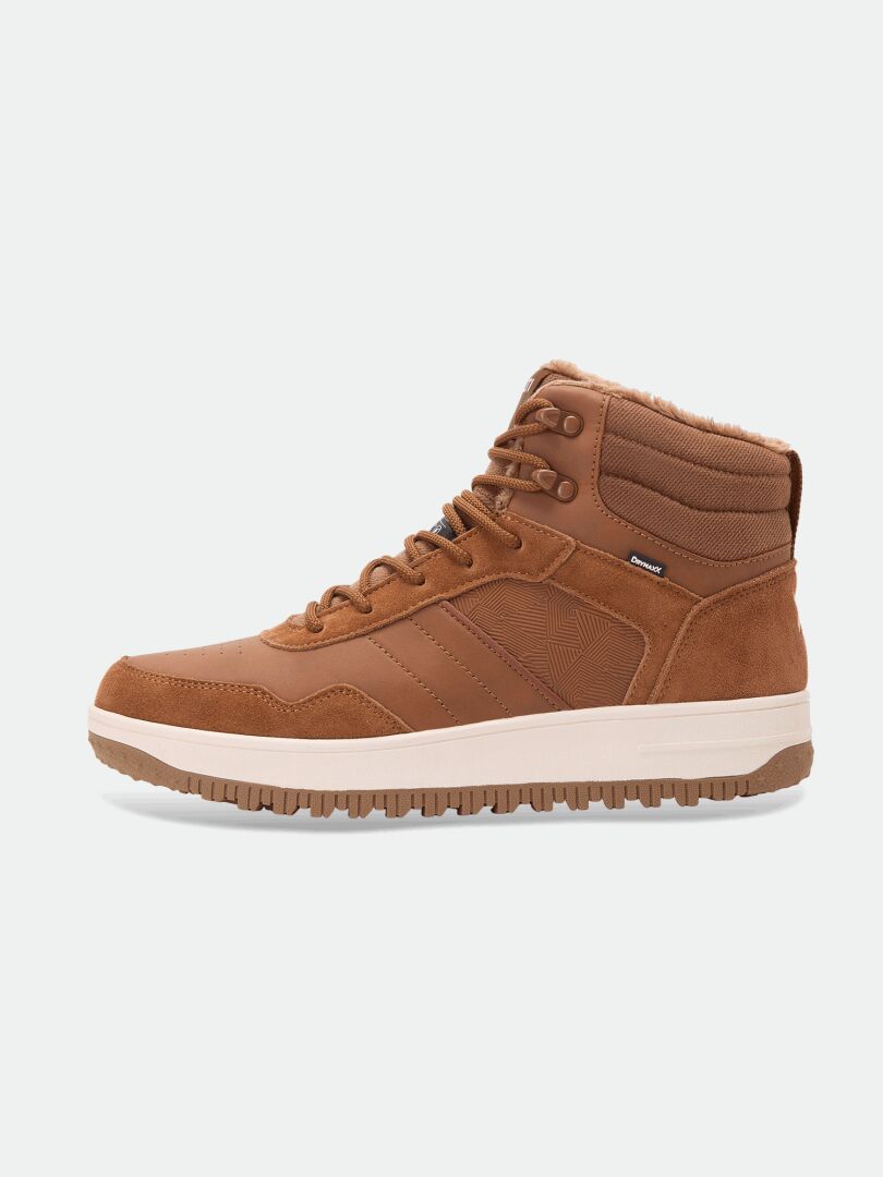 Halti Metso Mid DX Winterschuhe für Herren: brauner High-Top-Sneaker mit weißer Sohle, Schnürung vorne und gepolstertem Knöchelkragen.