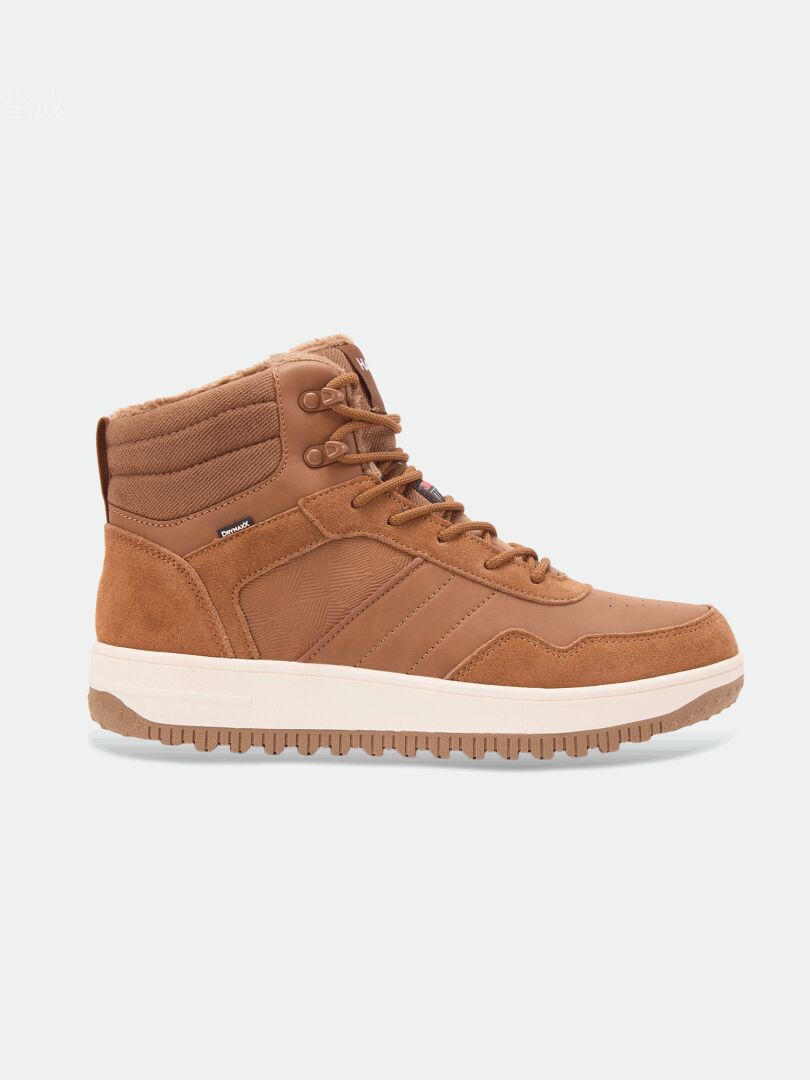 Seitenansicht der Halti Metso Mid DX Winterschuhe für Herren, High-Top-Modell mit gepolstertem Kragen und strukturierter Sohle auf weißem Hintergrund.